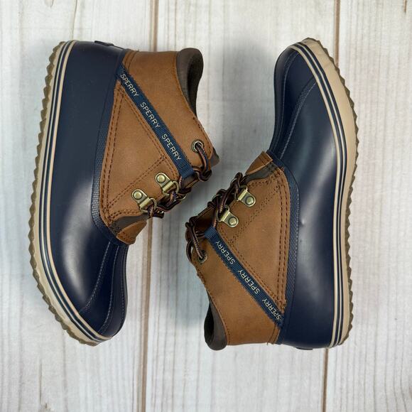 Kids Sperry Bowline Duck Boots Navy Tan Waterproof Lace Up Size 4 Youth - Picture 3 of 5